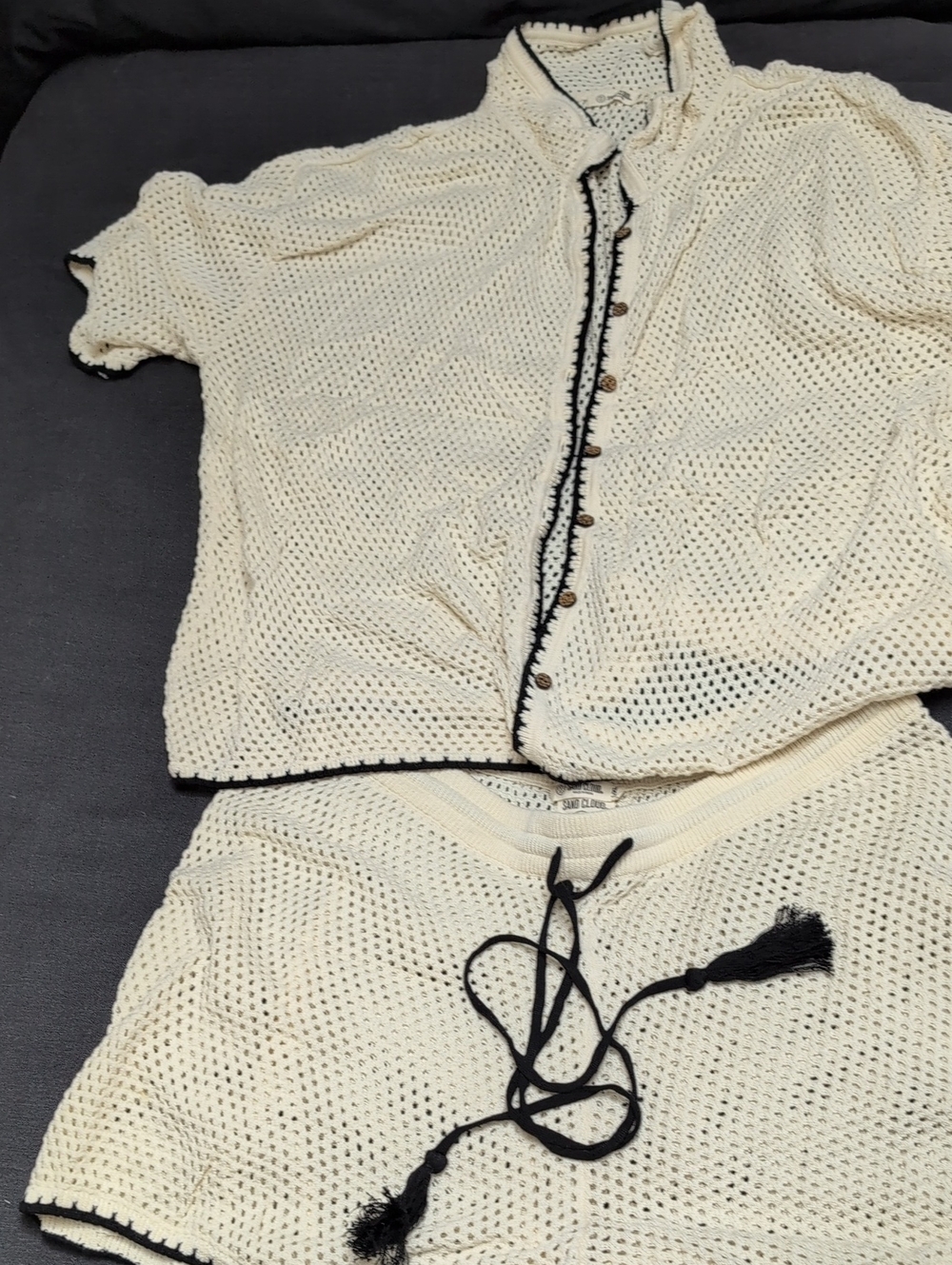 Cream Crochet Swim Coverup Set with Black Trim